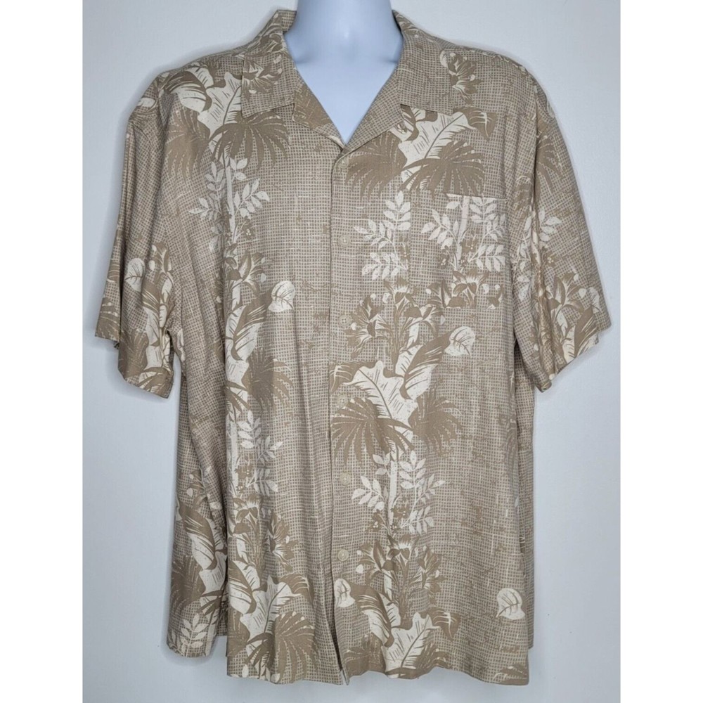 Saddlebred Mens XXL 2XL Tan Brown Button Hawaiian Short Sleeve Tropical Summer